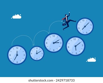 Time management. Businessman running on a group of clocks telling time 