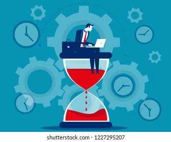 Time management. Businessman sitting on hourglass. Concept business vector illustration.