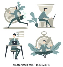 Time management, businessman working in office, clock or timer and hourglass, isolated icons vector. Planning or control, efficient and successful business. Man with laptop, hurrying up and meditation