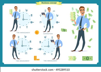 Time management business.Smiling rich man,businessman. Concept of consulting services, project management, marketing research,strategic planning,online learning. isolated on white. Flat cartoon style.