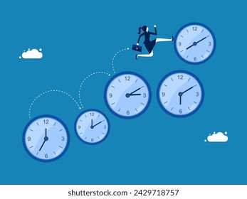 Time management. Businesswoman running on a group of clocks telling time 