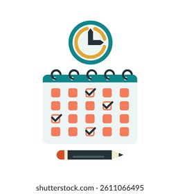 Time Management Calendar with Checkmarks and Pencil, A colorful, flat design illustration of a calendar with checkmarks and a clock, suggesting time management and scheduling.
