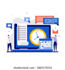 Administración de tiempo y concepto de calendario con carácter. Hacer tareas y reuniones recuerda la ilustración vectorial plana. Ordenador portátil con software de planificación en pantalla, reloj, correo, documentos y gráficos.