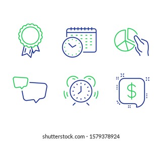 Time management, Calendar time and Pie chart line icons set. Speech bubble, Success and Payment message signs. Alarm clock, Clock, Presentation graph. Chat message. Education set. Vector