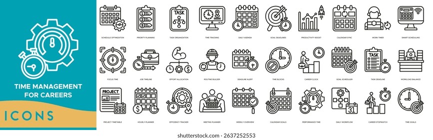 Time Management for Careers Icon set. Schedule Optimization, Priority Planning, Task Organization, Time Tracking, Daily Agenda, Goal Deadlines and Productivity Boost