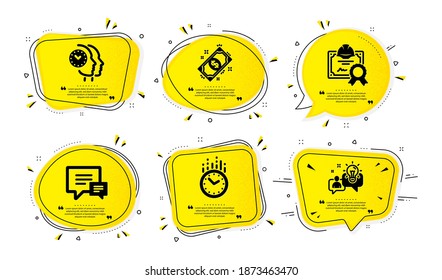 Juego simple de iconos de tiempo, administración de tiempo y certificado. Burbujas de habla amarilla con efecto de punto. Señales de pago, comentarios e ideas. Reloj, reloj de trabajo en equipo, documento de construcción. Vector