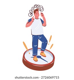 O homem do caos da gestão do tempo em pé no relógio com pensamentos emaranhados. Sobrecarga mental, confusão, pressão de prazo, falta de foco, problema de produtividade. Ilustração de vetor de desenhos animados, isolada.