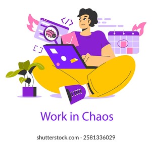 Time management in a chaotic environment is challenging. This illustration highlights the struggle of maintaining focus while juggling multiple tasks and distractions. Achieve productivity through