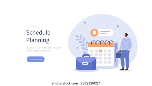 Time management. Character organizing schedule and planning business appointments on calendar. Organization concept. Vector illustration.
