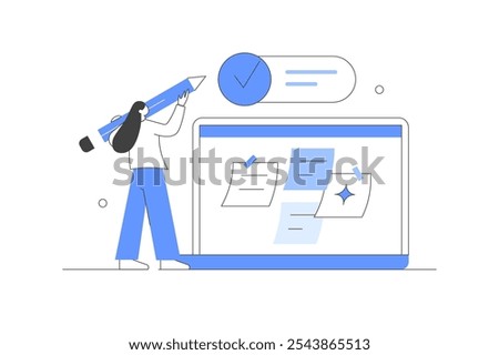 Time management. Character with pen done tasks with mark in check box of to do list. Organizing schedule and planning work tasks and appointments. Organization. Flat Cartoon Vector Illustration, icon.