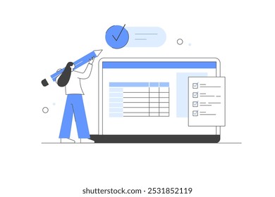 Gerenciamento de tempo. Tarefas de trabalho de planejamento de caracteres e definição de metas comerciais. Notebook com tarefas. Conceito de organização. Ilustração vetorial. Linha minimalista, abstrata