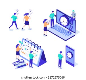 Time management characters set. Can use for web banner, infographics, hero images. Flat isometric vector illustration isolated on white background.
