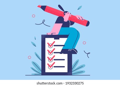 Time management, checklist and successful self organisation concept. Young smiling businesswoman sitting on big checklist with marker in hand feeling happy with fulfilling all items in checklist 