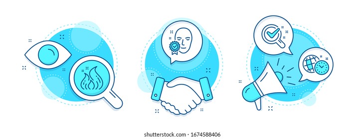 Gestión del tiempo, Chemistry lab y Face verificados iconos de línea. Iconos complejos de trato de manos, investigación y promoción. Signo de energía de fuego. Reloj mundial, investigación de laboratorio, Access concedido. Llama. Vector