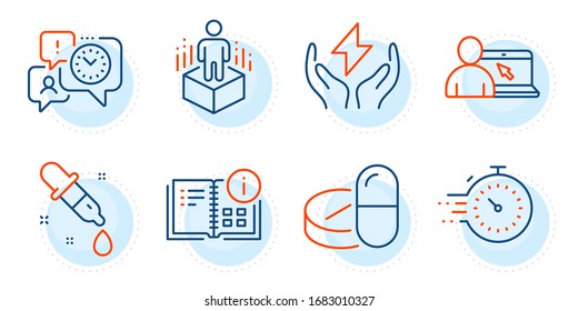 Time management, Chemistry pipette and Online education signs. Timer, Augmented reality and Instruction info line icons set. Medical drugs, Safe energy symbols. Outline icons set. Vector