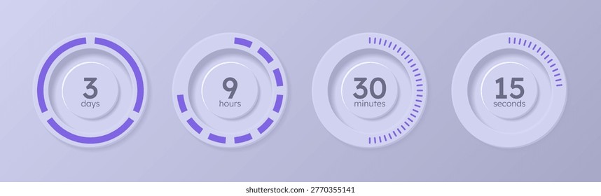 Time management circular countdown timer set. Neumorphism effect. Circle progress bars isolated. Progress indicators for light theme. Modern UI style. Time tracking collection. Timekeeping interface