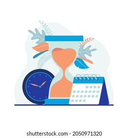Time management, clock, calendar, deadlines, hourglass, and schedule illustration. Flat vector suitable for many purposes.