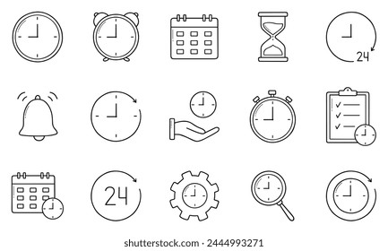 Time management and Clock doodle icons. Timer, hourglass, calendar, 24 hour clock, alarm, stopwatch in sketch style. Hand drawn vector illustration isolated on white background