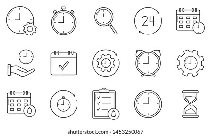 Time management and Clock doodle icons. Timer, hourglass, calendar, 24 hour clock, alarm, stopwatch in sketch style. Hand drawn vector illustration isolated on white background