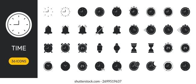 Ícone De Gerenciamento De Tempo E Relógio Definido. Coleção De Símbolos De Silhueta De Alarme, Cronômetro E Ampulheta. Ferramentas De Controle De Tempo E Agendamento. Ilustração de vetor isolada.