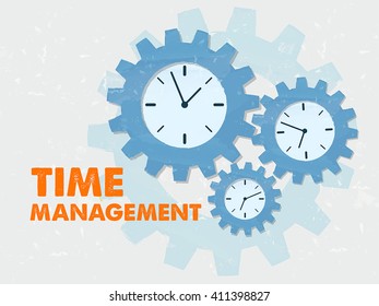time management with clock signs - business organizing concept words and symbols - red text and blue grunge flat design gear wheels, vector