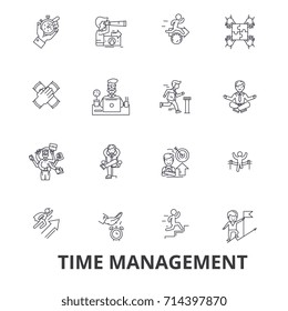 Time management, clock, timeline, planning, project, calendar, leadership line icons. Editable strokes. Flat design vector illustration symbol concept. Linear signs isolated