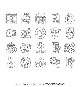 time management clock work icons set vector. business office, watch hourglass, timer calendar, schedule laptop, computer sand time management clock work black contour illustrations