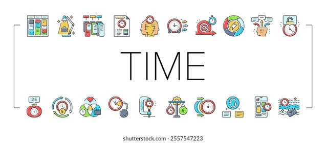 time management clock work icons set vector. business office, watch hourglass, timer calendar, schedule laptop, computer sand time management clock work color line illustrations