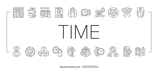 time management clock work icons set vector. business office, watch hourglass, timer calendar, schedule laptop, computer sand time management clock work black contour illustrations