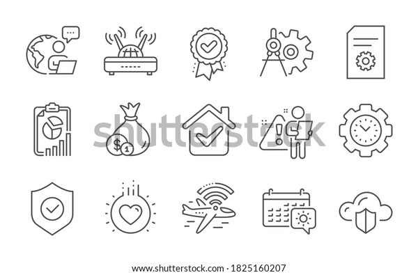 Time management,\
Cloud protection and Wifi line icons set. Approved award, Travel\
calendar and Cogwheel dividers signs. Cash, Love and Report\
symbols. Line icons set.\
Vector