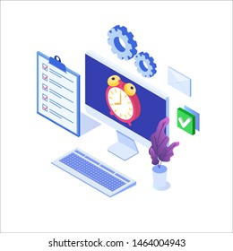Time management cncept,  Business scheduling app. Flat isometric vector illustration.