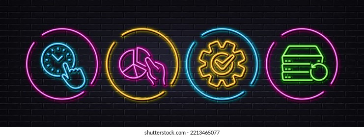 Time management, Cogwheel and Pie chart minimal line icons. Neon laser 3d lights. Recovery server icons. For web, application, printing. Office clock, Engineering tool, Presentation graph. Vector