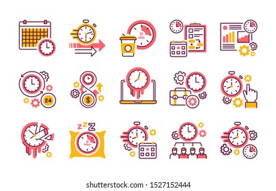 Time management color line icons set. Planning and control of working and personal time concept. Signs for web page, mobile app, button, logo. Vector isolated element. Editable stroke.