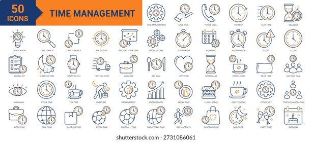 Time Management colored line icon collection set. Containing time, management, efficiency, save time, optimization, schedule,  fast time, deadline, stopwatch, planning, alarm clock, overtime icons