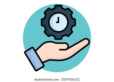 Time management colored outline icon. hand with gear and clock. icon related to efficiency. productivity elements vector illustration