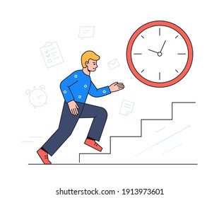 Time management - colorful flat design style illustration with line elements on white background. A composition with a boy running up the stairs, clock. Images of a check list, email. Deadline concept
