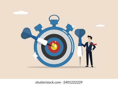 Time management to complete work within deadline, productivity or efficiency to achieve goals, smart businessman holding bow after shot at bullseye target on stopwatch.