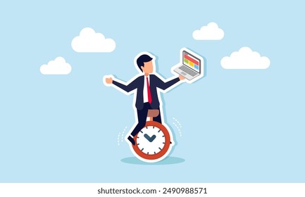 Time management: completing projects within deadlines, enhancing productivity and efficiency, with speed and urgency, concept of A smart businessman working on a laptop while riding a clock