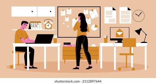 Composición de la gestión del tiempo con vista interior de la sala de oficinas con compañeros de trabajo y tablero con notas de tareas ilustración vectorial