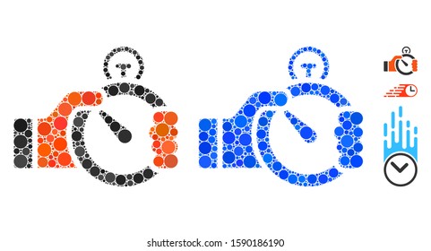 Time management composition of small circles in variable sizes and color tinges, based on time management icon. Vector dots are composed into blue composition.