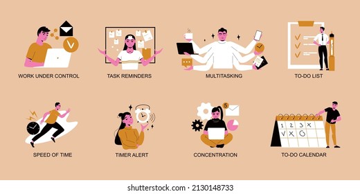 Time management compositions set of eight isolated icons with pictograms human characters of workers and text vector illustration