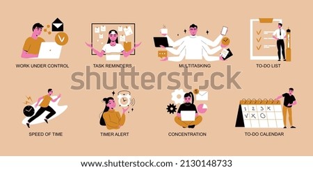 Time management compositions set of eight isolated icons with pictograms human characters of workers and text vector illustration