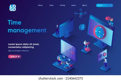 Time management concept 3d isometric web landing page. People manage time and work processes, schedule meetings, achieve goals, complete tasks to deadline. Vector illustration for web template design