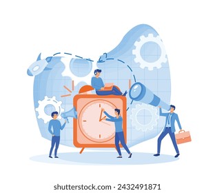 Time management concept. Alarm clock rings on   of work time management, quick reaction awakening. flat vector modern illustration 