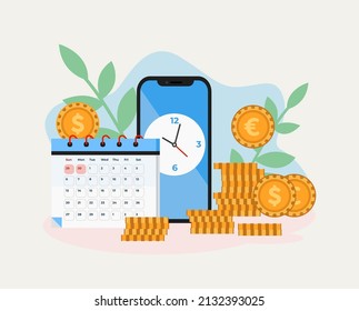 Time management concept. App on a smartphone, list to do, clock, and money in vector flat style. Can use for web banners, infographics.