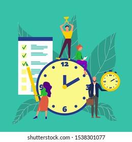 Time management concept art. Group of people around big clock, man holds golden cup, woman marks task done, man holds stopwatch. Flat style stock vector illustration.
