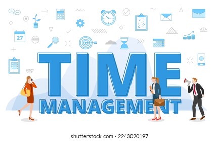 concepto de administración del tiempo con palabras grandes y personas rodeadas de iconos relacionados que se difunden con color azul