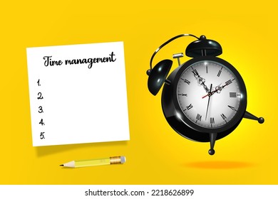 Time management concept. Black alarm clock on a yellow background.