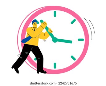 Concepto de gestión del tiempo. Hombre de negocios tratando de retrasar el tiempo en un reloj gigante. Ilustración vectorial plana aislada en fondo blanco
