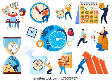 Time management concept, business people deadline, set of cartoon characters, vector illustration. Workflow optimization and project manager productivity, time pressure. Businessman stress, task delay